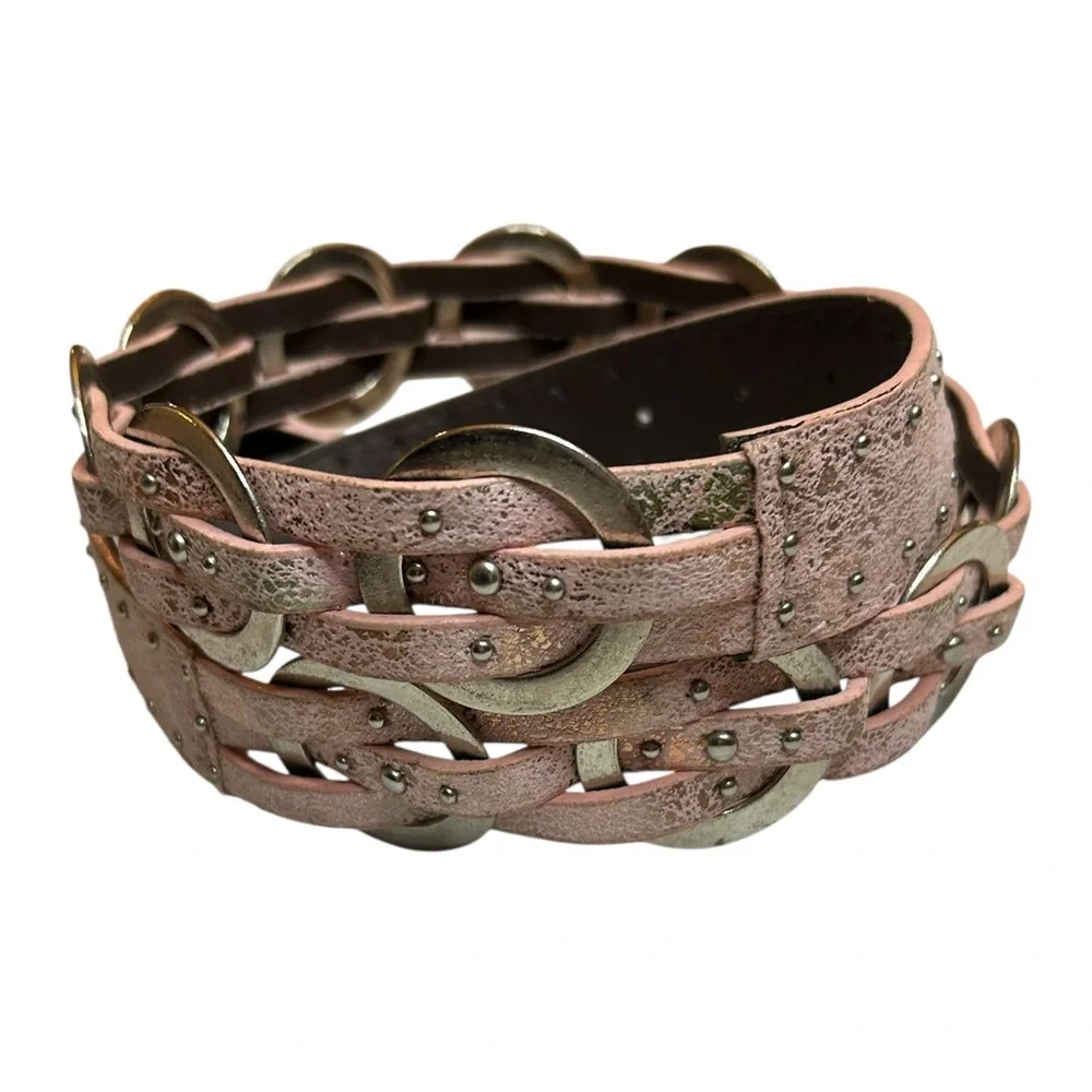 NWT Sparkling Pink Faux Leather Braided Belt Interlocking Silver Circles 42.5”